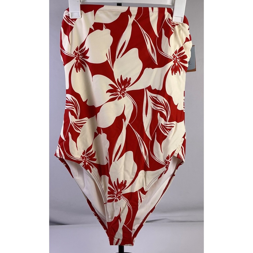 Shade & Shore Womens L Red White Floral One Piece Swimsuit High Leg NWT
